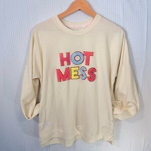 Simply Southern Sweatshirt Women's M Sparkle Varsity Letter Pullover Ivory HiLo